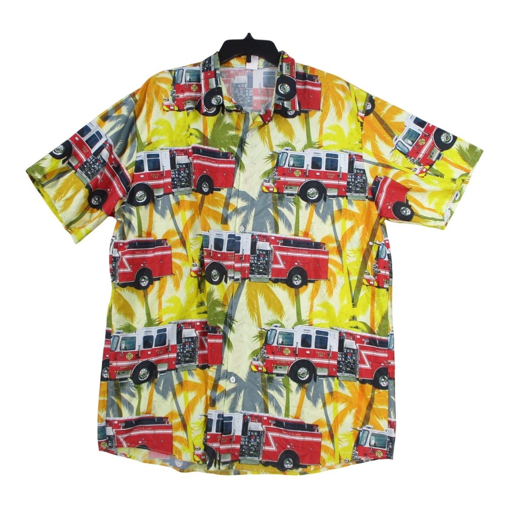 Fire Truck Engine 532 Quantico Tropical Palm Tree Button Down Shirt XL Yellow